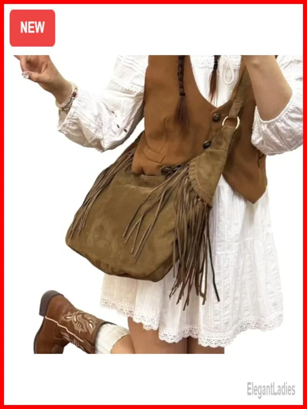 Vintage Y2K Faux Suede Hobo Crescent Fringe Tote Crossbody Shoulder Bag